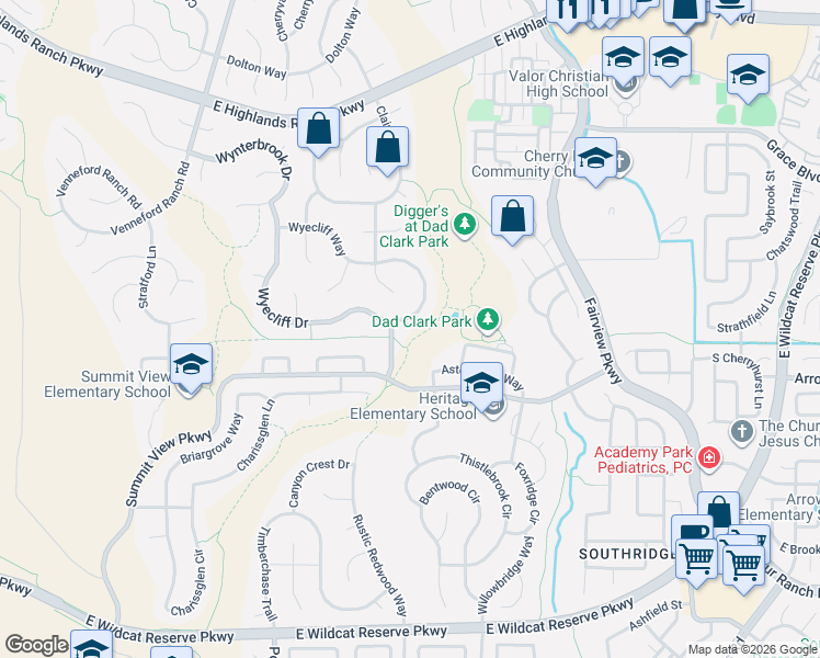 map of restaurants, bars, coffee shops, grocery stores, and more near 3042 Wyecliff Way in Littleton