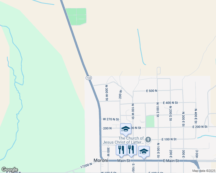 map of restaurants, bars, coffee shops, grocery stores, and more near 454 North 300 West Street in Moroni