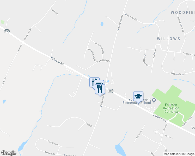 map of restaurants, bars, coffee shops, grocery stores, and more near 2322 Pleasantville Road in Fallston