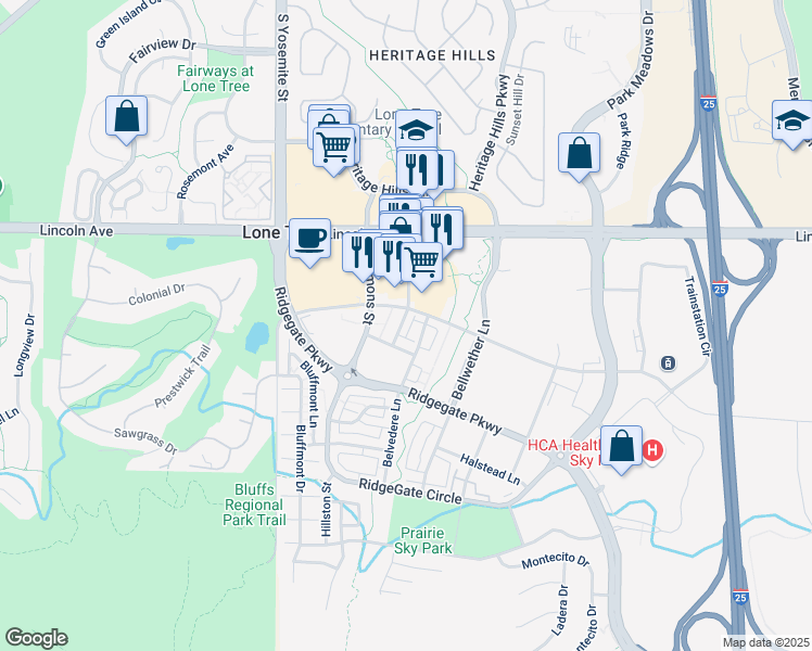 map of restaurants, bars, coffee shops, grocery stores, and more near 10063 Town Ridge Lane in Lone Tree