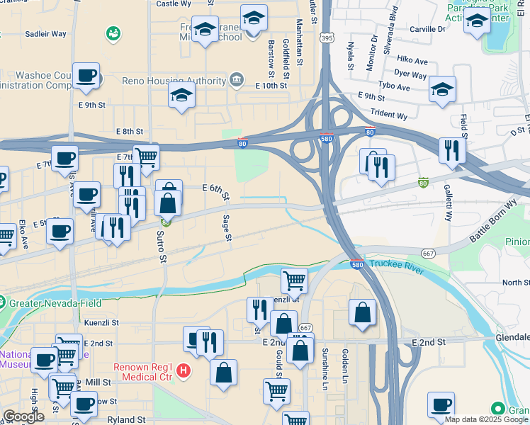 map of restaurants, bars, coffee shops, grocery stores, and more near 1755 East 4th Street in Reno