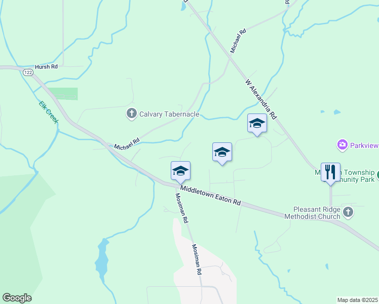 map of restaurants, bars, coffee shops, grocery stores, and more near 5830 Mosiman Road in Middletown
