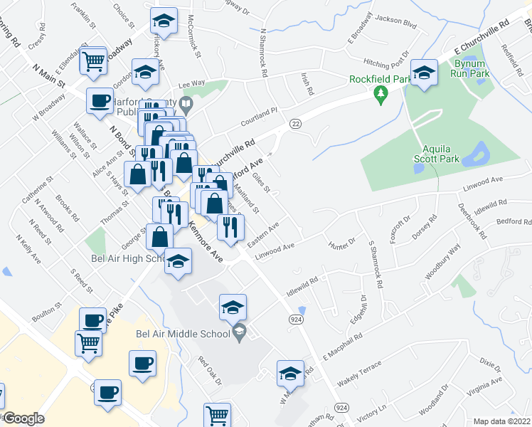 map of restaurants, bars, coffee shops, grocery stores, and more near 427 Maitland Street in Bel Air