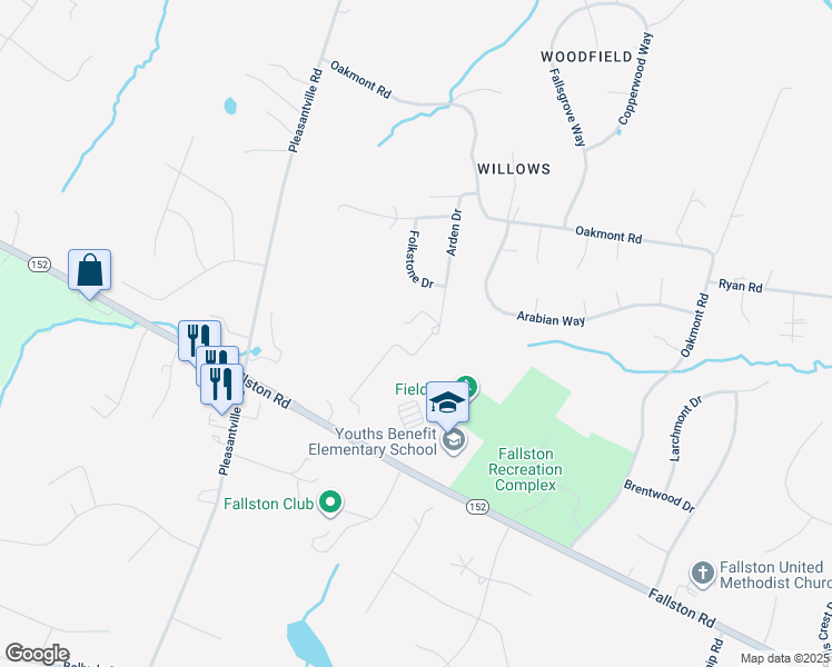 map of restaurants, bars, coffee shops, grocery stores, and more near 2208 Arden Drive in Fallston