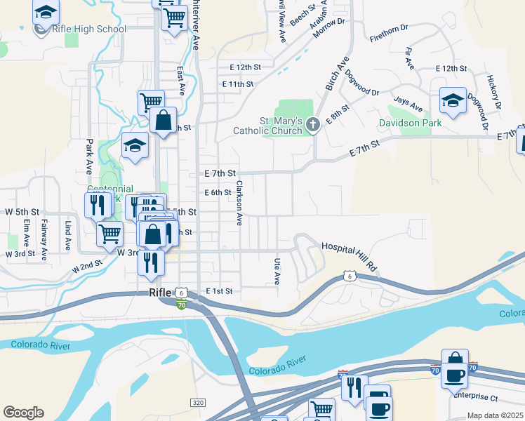 map of restaurants, bars, coffee shops, grocery stores, and more near 534 Jarrad Avenue in Rifle
