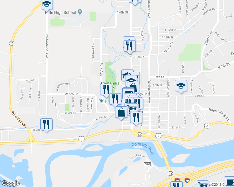 map of restaurants, bars, coffee shops, grocery stores, and more near 228 West 5th Street in Rifle