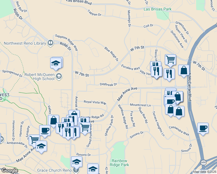 map of restaurants, bars, coffee shops, grocery stores, and more near 1900 Celestial Court in Reno