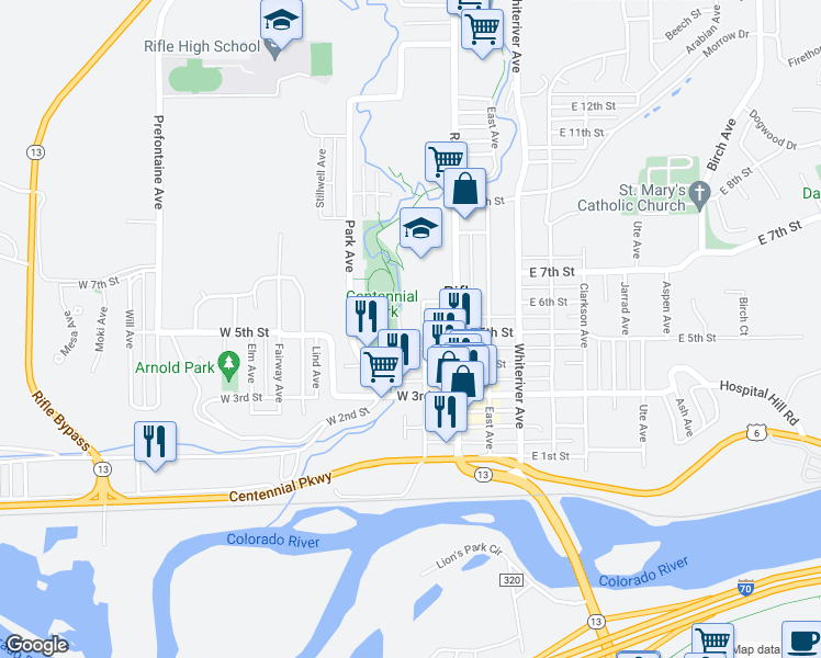 map of restaurants, bars, coffee shops, grocery stores, and more near 230 West 5th Street in Rifle