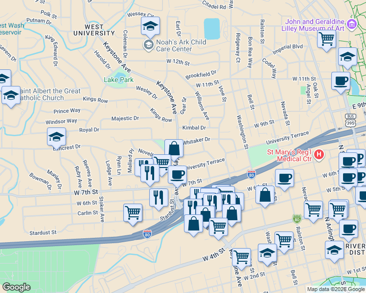 map of restaurants, bars, coffee shops, grocery stores, and more near 1061 Whitaker Drive in Reno