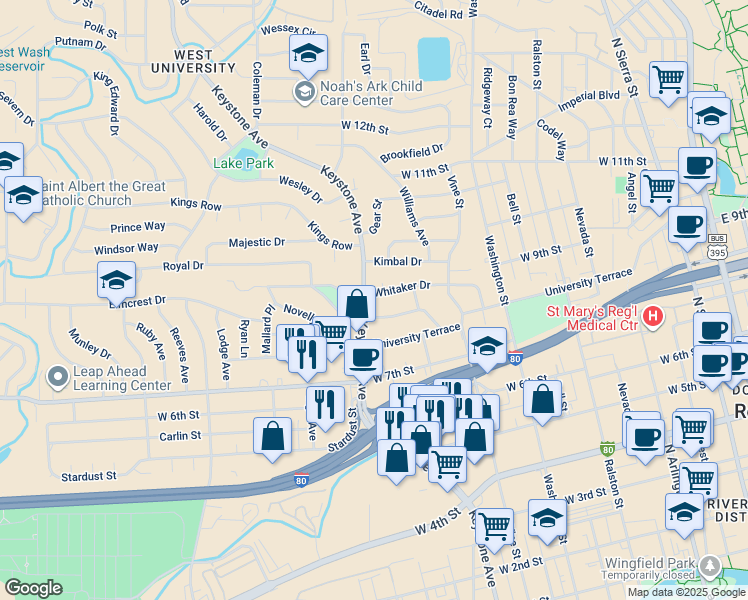 map of restaurants, bars, coffee shops, grocery stores, and more near 1061 Whitaker Drive in Reno