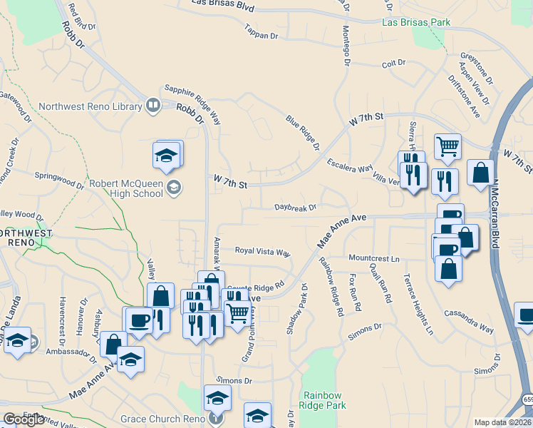 map of restaurants, bars, coffee shops, grocery stores, and more near 1900 Stargaze Way in Reno