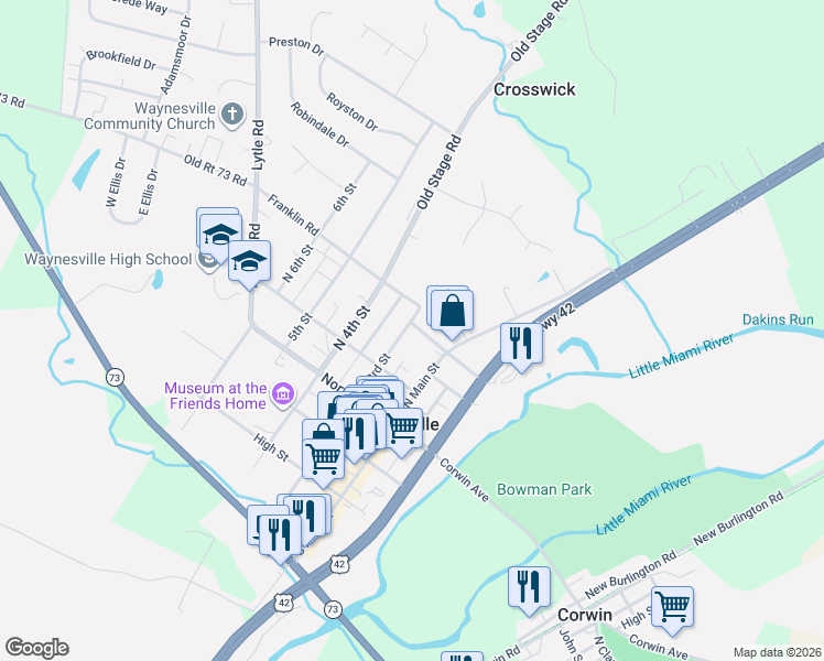 map of restaurants, bars, coffee shops, grocery stores, and more near 241 North 3rd Street in Waynesville