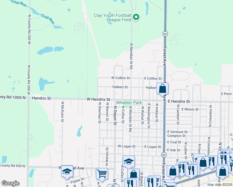 map of restaurants, bars, coffee shops, grocery stores, and more near 1335 North Depot Street in Brazil