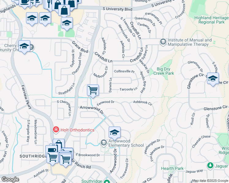 map of restaurants, bars, coffee shops, grocery stores, and more near 4822 Tarcoola Lane in Littleton