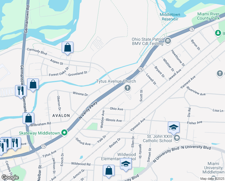 map of restaurants, bars, coffee shops, grocery stores, and more near 2962 North Verity Parkway in Middletown