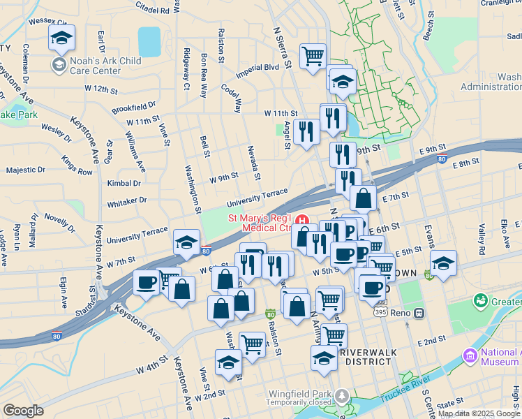 map of restaurants, bars, coffee shops, grocery stores, and more near 400 University Terrace in Reno