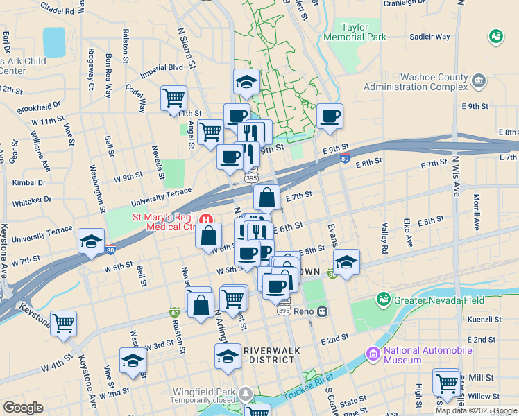 map of restaurants, bars, coffee shops, grocery stores, and more near 695 North Virginia Street in Reno