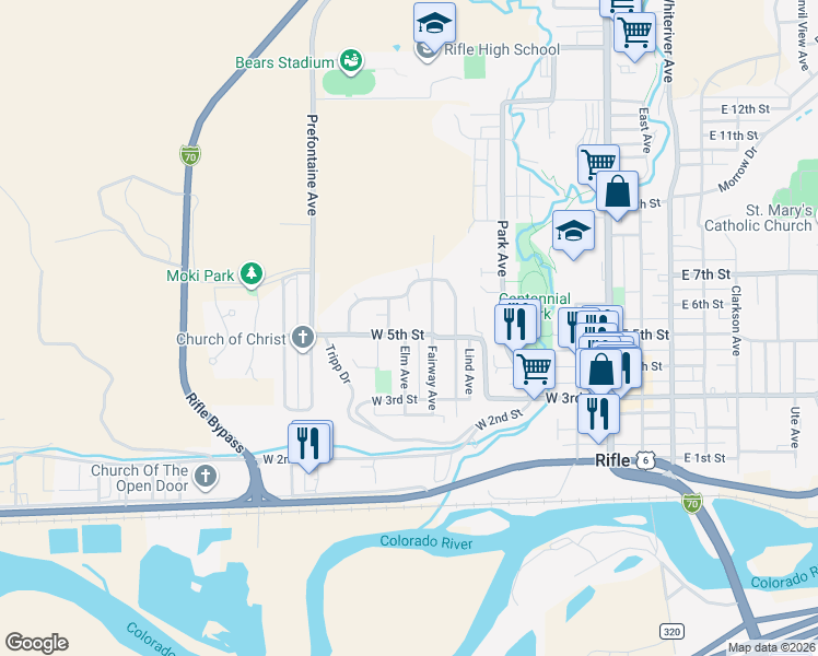 map of restaurants, bars, coffee shops, grocery stores, and more near 518 Arnold Avenue in Rifle
