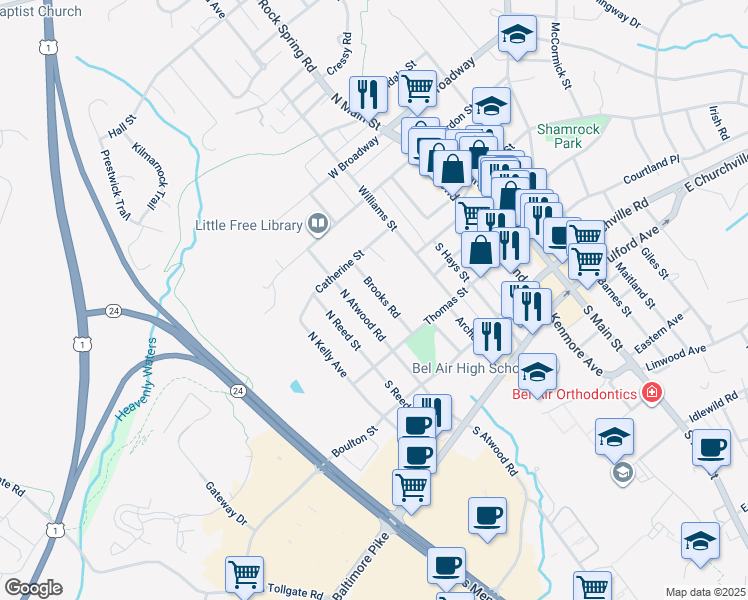 map of restaurants, bars, coffee shops, grocery stores, and more near 18 Brooks Road in Bel Air
