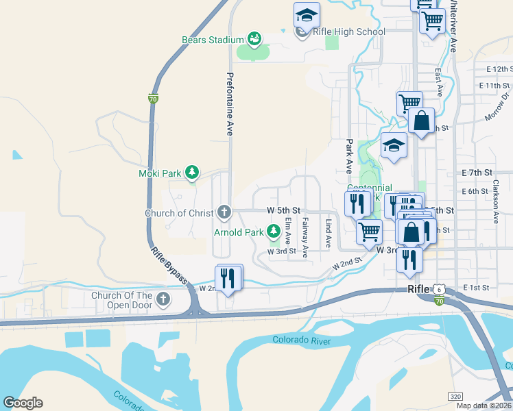 map of restaurants, bars, coffee shops, grocery stores, and more near 500 Wamsley Way in Rifle