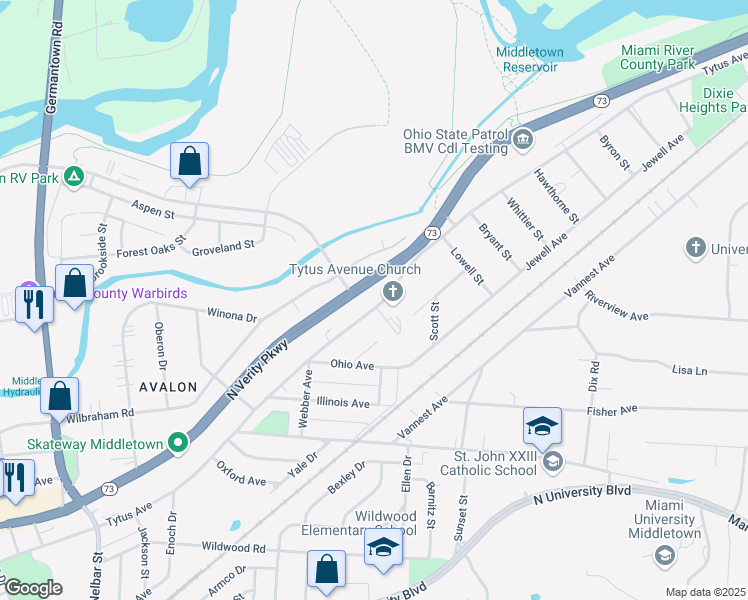 map of restaurants, bars, coffee shops, grocery stores, and more near 3233 Tytus Avenue in Middletown