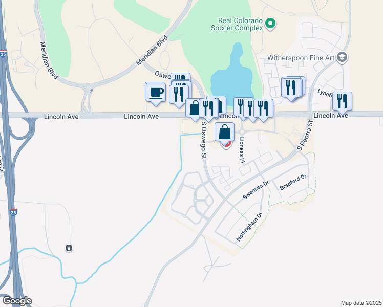 map of restaurants, bars, coffee shops, grocery stores, and more near 10001 South Oswego Street in Parker