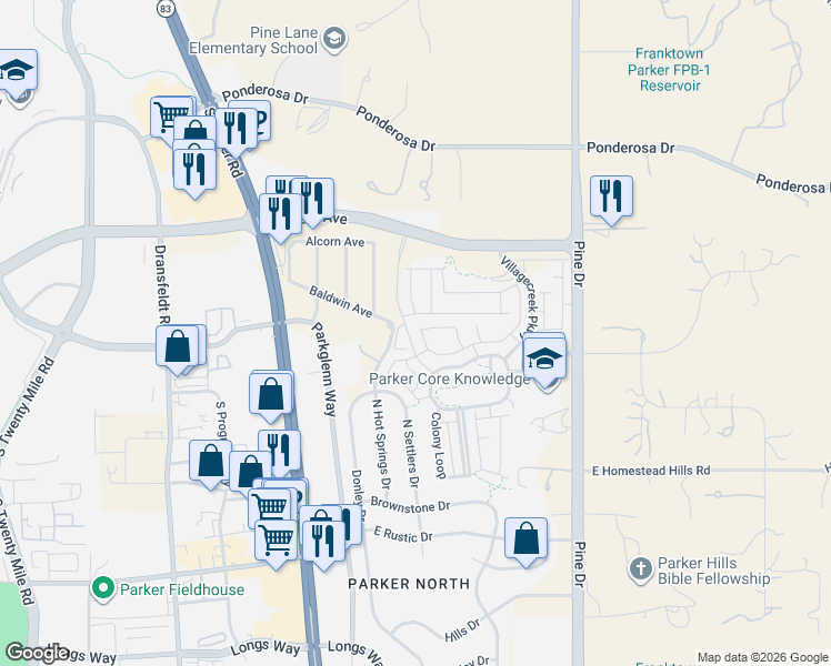 map of restaurants, bars, coffee shops, grocery stores, and more near 6682 Longpark Drive in Parker