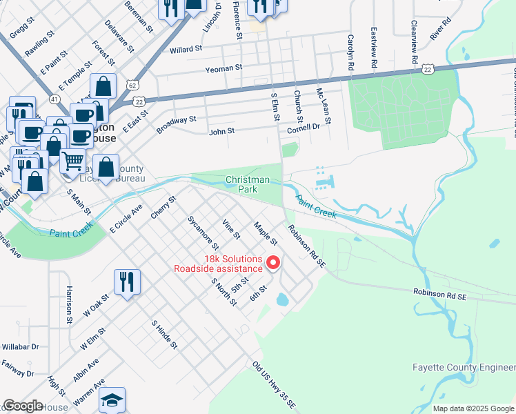 map of restaurants, bars, coffee shops, grocery stores, and more near 628 4th Street in Washington Court House