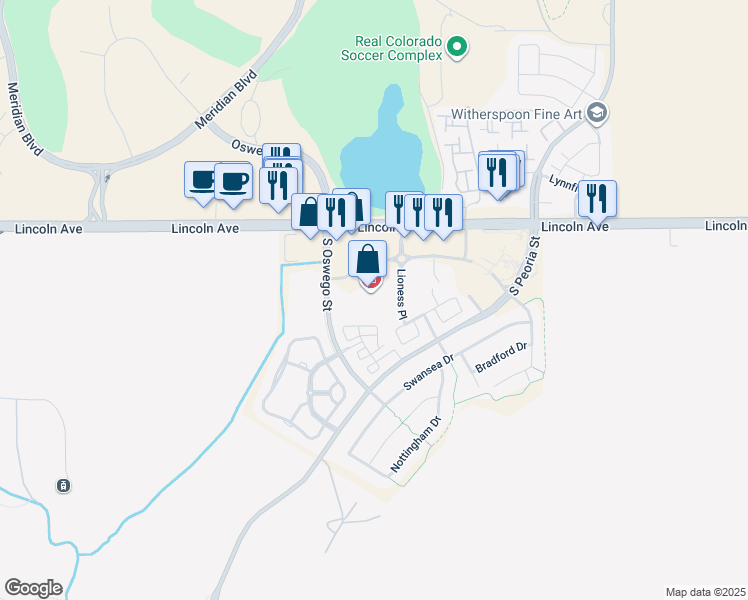 map of restaurants, bars, coffee shops, grocery stores, and more near 11960 Lioness Way in Parker