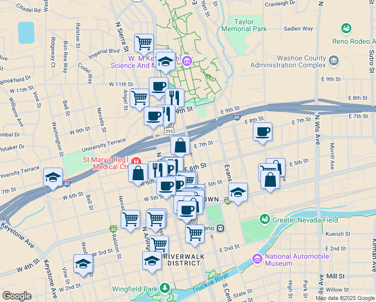 map of restaurants, bars, coffee shops, grocery stores, and more near 658 North Center Street in Reno