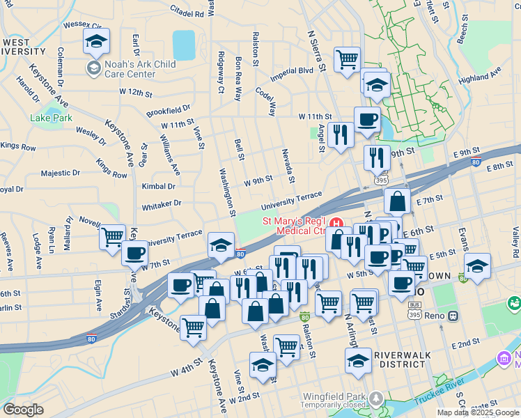 map of restaurants, bars, coffee shops, grocery stores, and more near 803 Ralston Street in Reno