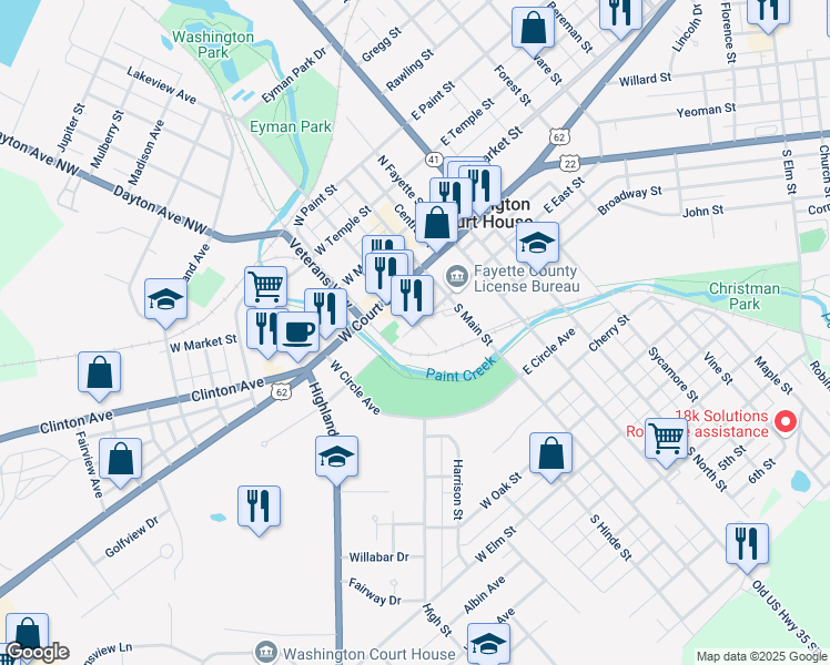 map of restaurants, bars, coffee shops, grocery stores, and more near 153 South Hinde Street in Washington Court House