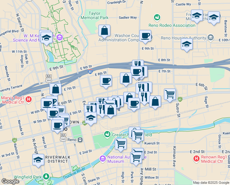 map of restaurants, bars, coffee shops, grocery stores, and more near 530 E 6th St in Reno
