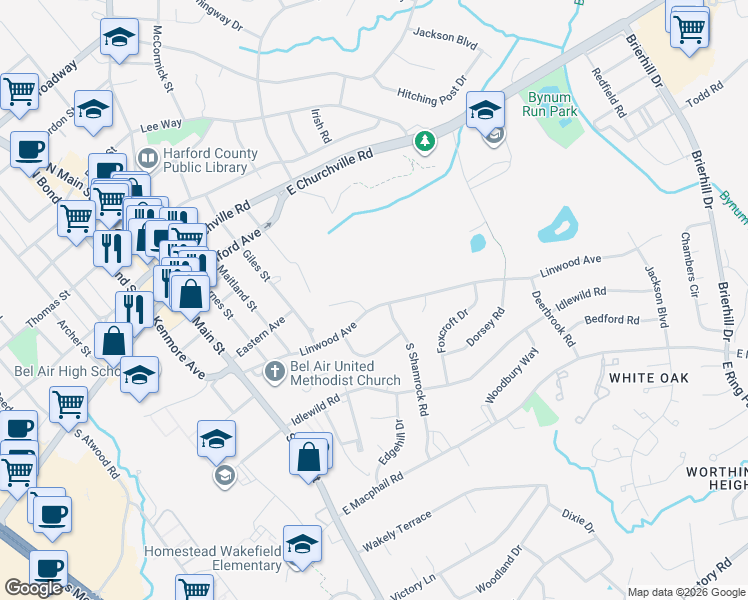 map of restaurants, bars, coffee shops, grocery stores, and more near 318 Linwood Avenue in Bel Air