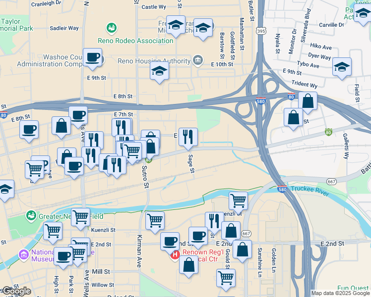 map of restaurants, bars, coffee shops, grocery stores, and more near 1435 East 4th Street in Reno