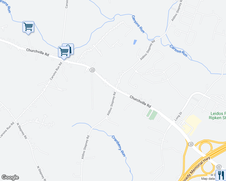 map of restaurants, bars, coffee shops, grocery stores, and more near 3551 Churchville Road in Aberdeen