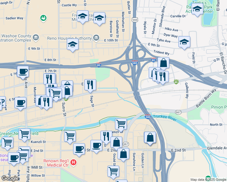 map of restaurants, bars, coffee shops, grocery stores, and more near 1755 East 4th Street in Reno