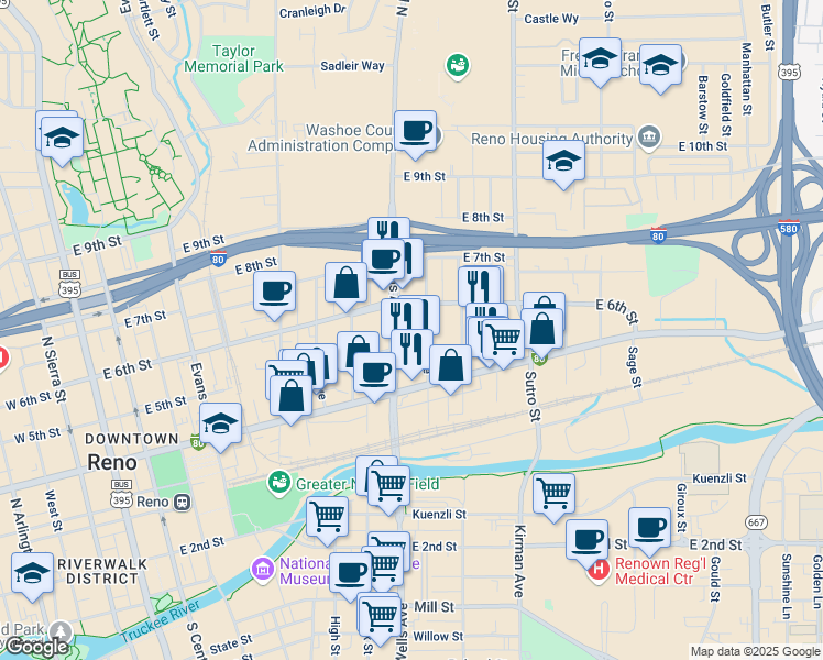 map of restaurants, bars, coffee shops, grocery stores, and more near 510 Morrill Avenue in Reno