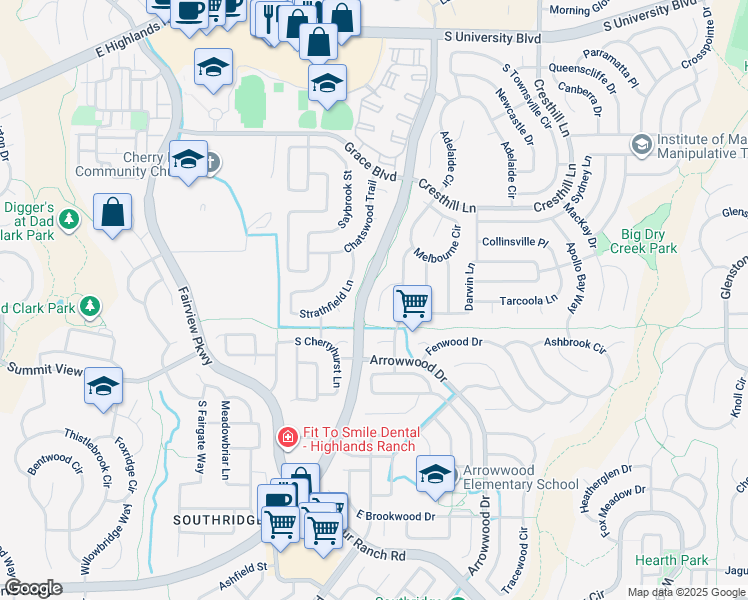 map of restaurants, bars, coffee shops, grocery stores, and more near 10061 Heywood Lane in Littleton