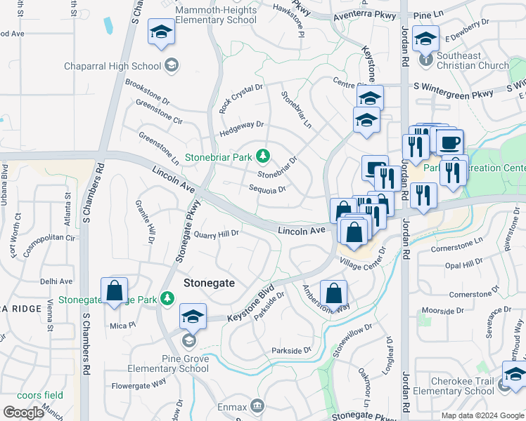 map of restaurants, bars, coffee shops, grocery stores, and more near 16174 Willowstone Street in Parker