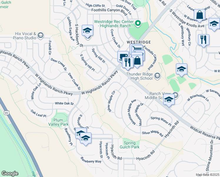 map of restaurants, bars, coffee shops, grocery stores, and more near 10068 Silver Maple Road in Littleton