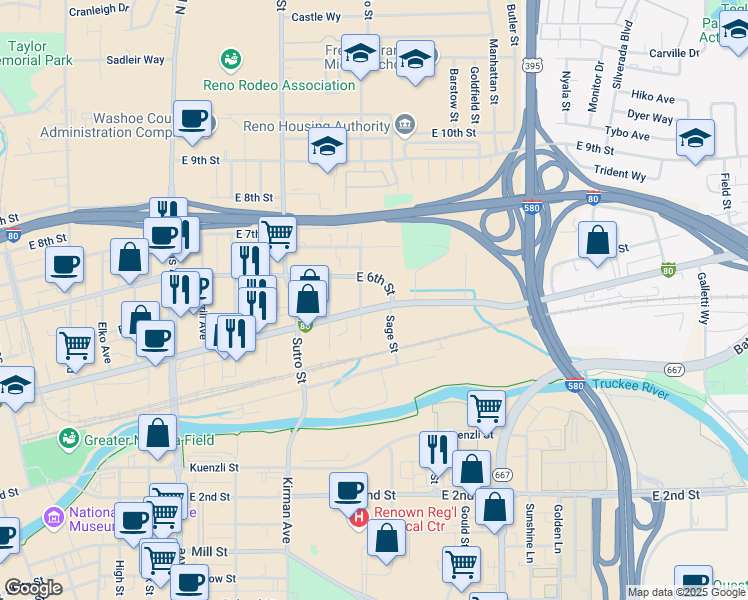 map of restaurants, bars, coffee shops, grocery stores, and more near 1435 East 4th Street in Reno