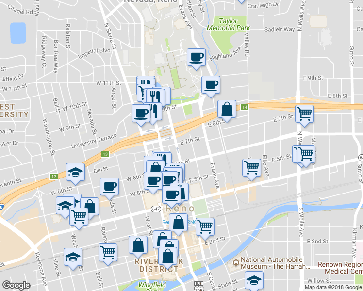 map of restaurants, bars, coffee shops, grocery stores, and more near 658 North Center Street in Reno