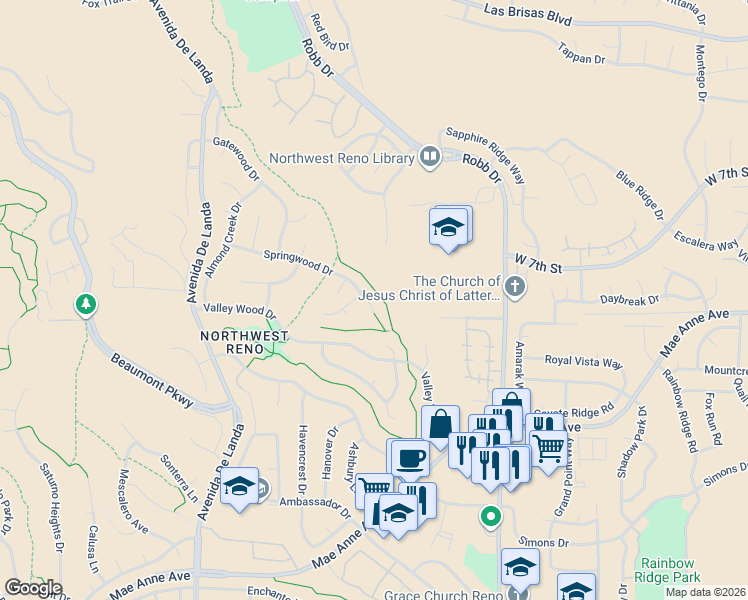 map of restaurants, bars, coffee shops, grocery stores, and more near 6325 Springwood Drive in Reno