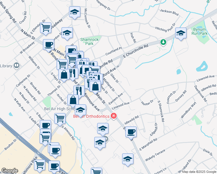 map of restaurants, bars, coffee shops, grocery stores, and more near 115 Powell Avenue in Bel Air