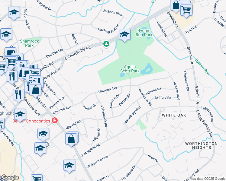 map of restaurants, bars, coffee shops, grocery stores, and more near 415 Linwood Avenue in Bel Air