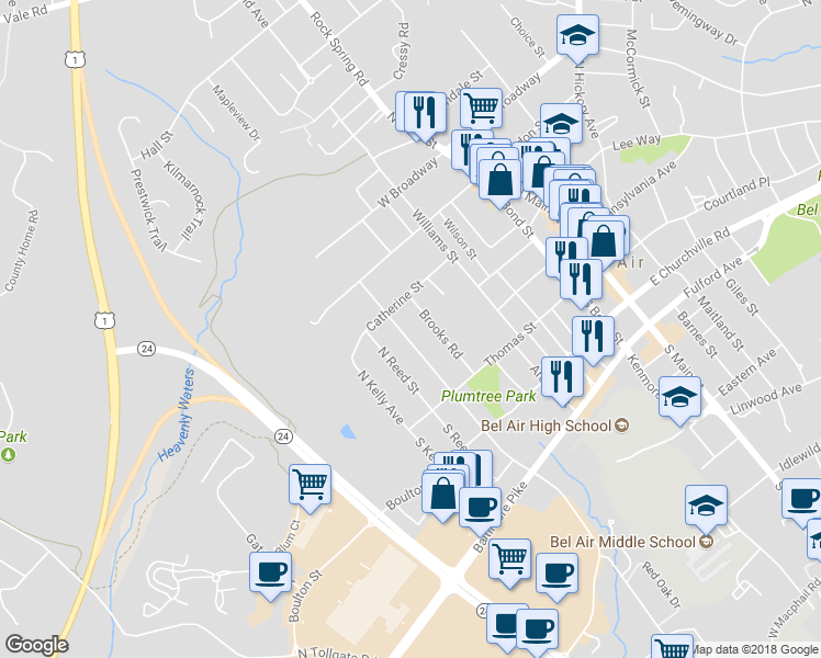 map of restaurants, bars, coffee shops, grocery stores, and more near 23 North Atwood Road in Bel Air