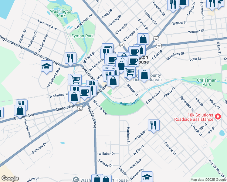 map of restaurants, bars, coffee shops, grocery stores, and more near 153 South Hinde Street in Washington Court House