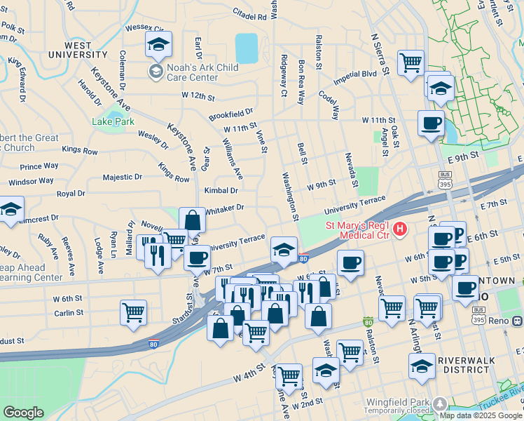 map of restaurants, bars, coffee shops, grocery stores, and more near 835 Whitaker Drive in Reno