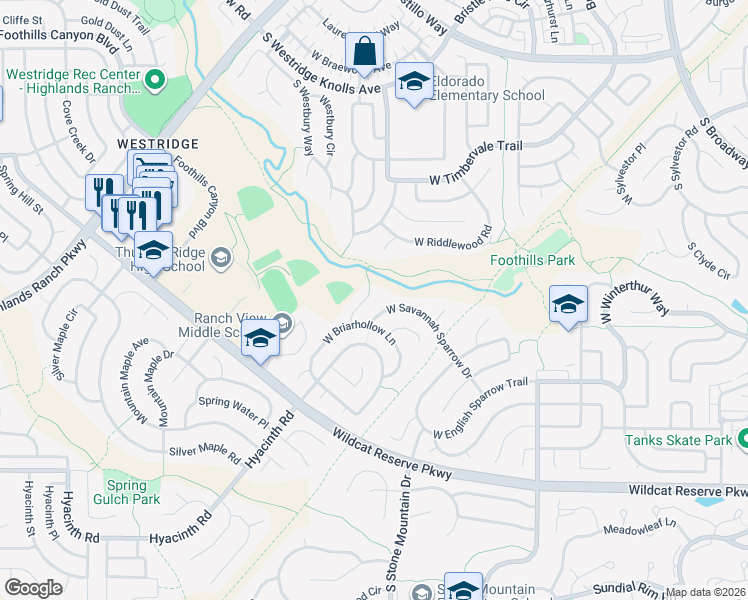 map of restaurants, bars, coffee shops, grocery stores, and more near 10022 South Cedaridge Way in Highlands Ranch